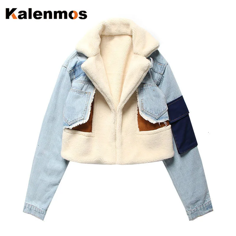 

Fur Coat Women KALENMOS Autumn Winter Warm Jackets Fleece Loose High Street Coats Jacket Plus Size Flocking Denim Streetwear