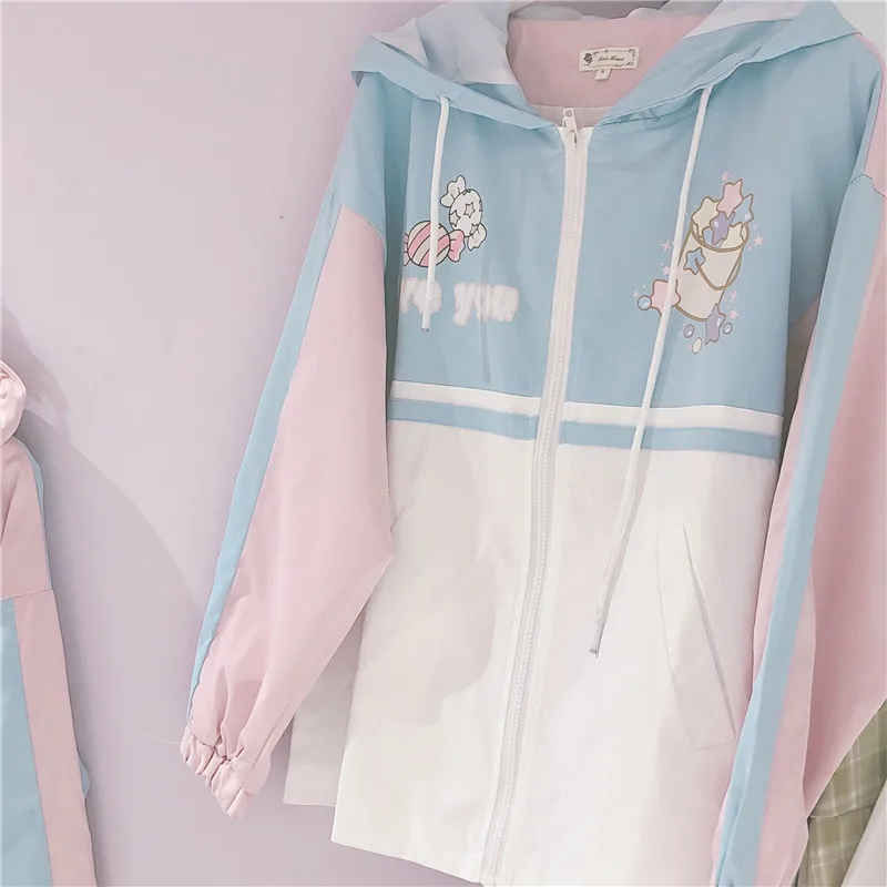 Небесно-голубой Harajuku Mori/Свободная куртка на молнии с мультяшным принтом в стиле пэчворк для девочек; мягкая осенняя куртка с капюшоном для студентов и японских женщин - Цвет: Небесно-голубой