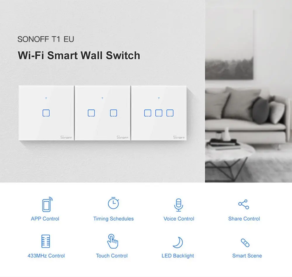 SONOFF T1 T2 T3 TX пульт дистанционного управления RF/Voice/APP/Touch control EU/US/UK Wifi умная потолочная лампа с ИК датчиком-выключателем сенсорный экран с Google Home Alexa