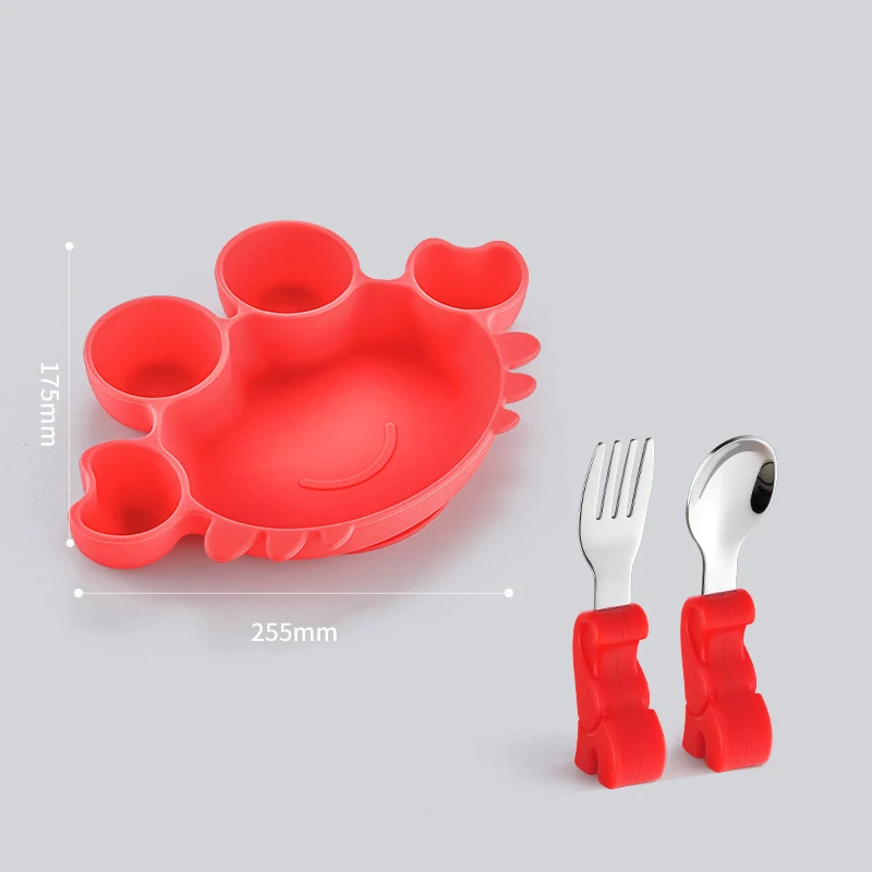 

Cute Baby Silicone Dining Plate Spoon Fork Cartoon Crab Toddler Tableware sucker Children Feeding Bowl Kids Anti-fall Dishes