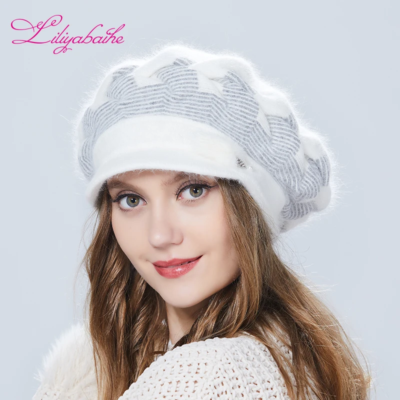 женская зимняя шапка Шерсть ангора Шапка с козырьком Вязаная Украшение из норки