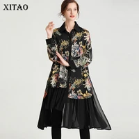 xitao new contrast collar print shirt fashion pleated splicing hem spring and autumn trendy street all match women zy3930