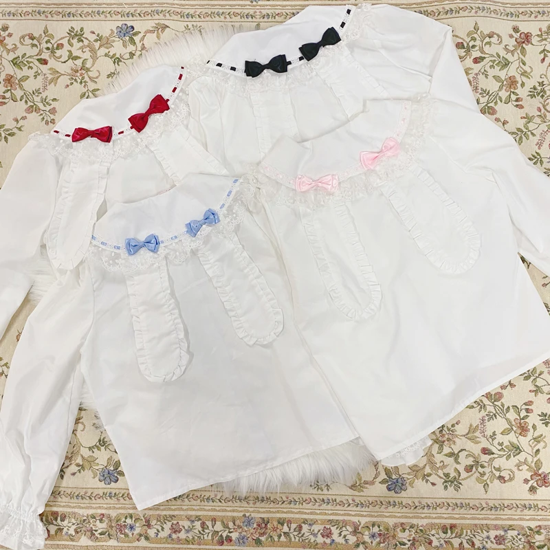 Y2k Women Autumn New Kawaii Lolita Shirt Fashion Peter Pan Collar Lace Cute Rabbit Ear Blouse Clothing Soft Girl Baby Doll Tops