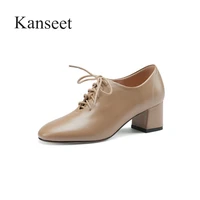 kanseet new spring autumn womens shoes 2021 genuine leather cross tied handmade round toe office lady thick heels female pumps
