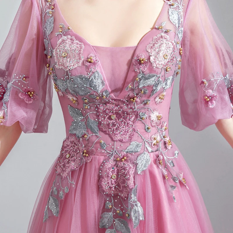 

Evening Dress Illusion V-Neck Half Lace Crystal Pearls Embroidery Tulle Floor-Length A-Line Luxury Pink Women Formal Gown TS655