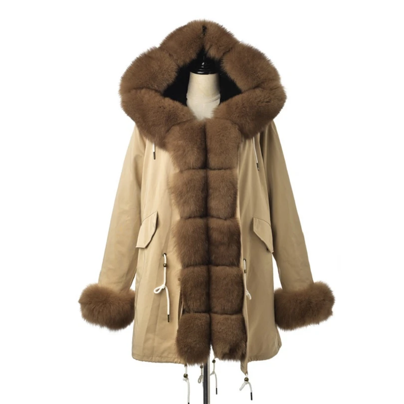 FURSARCAR модные хаки куртка с натуральным мехом парка Для женщин Роскошные зимнее