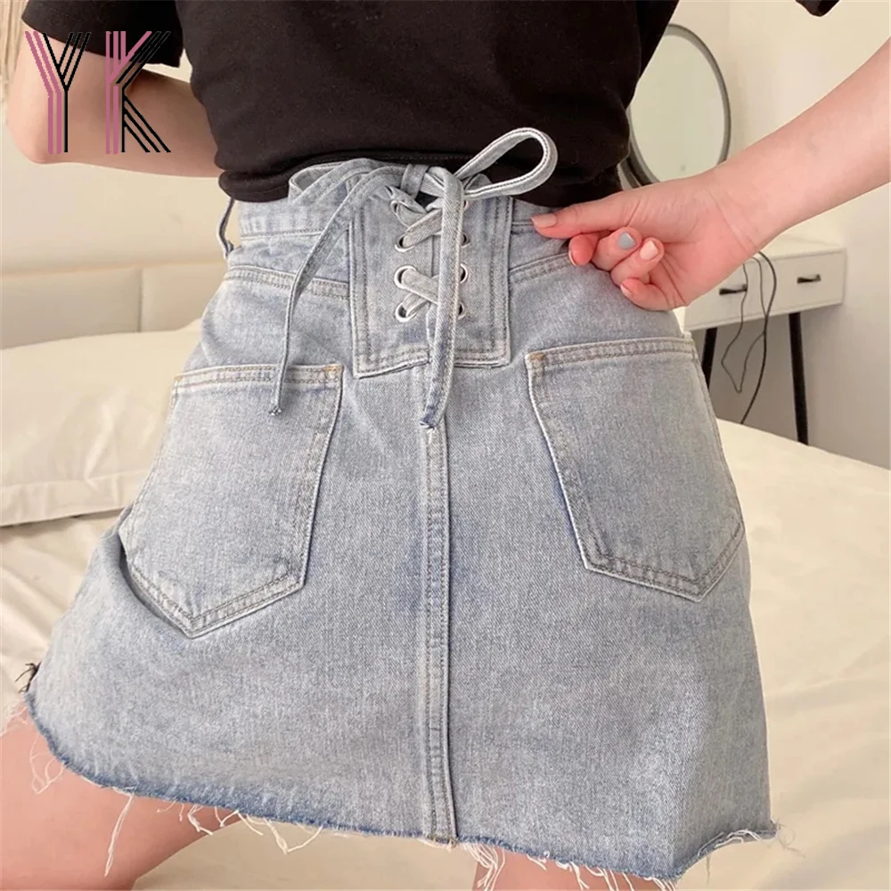 

Back Cross Straps Lace Up High Waist Denim Mini Skirts Kawaii Summer Stitching Women Skirt 2021 Korean Fashion Casual Sweet Saia