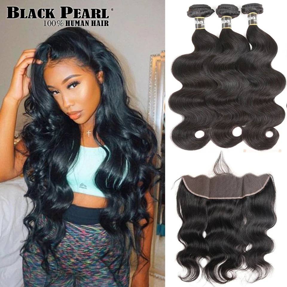 Black Pearl Body Wave Bundles With Frontal Closure Brazilian Hair Human Hair Bundles With Frontal Non Remy 13X4 Lace Frontal