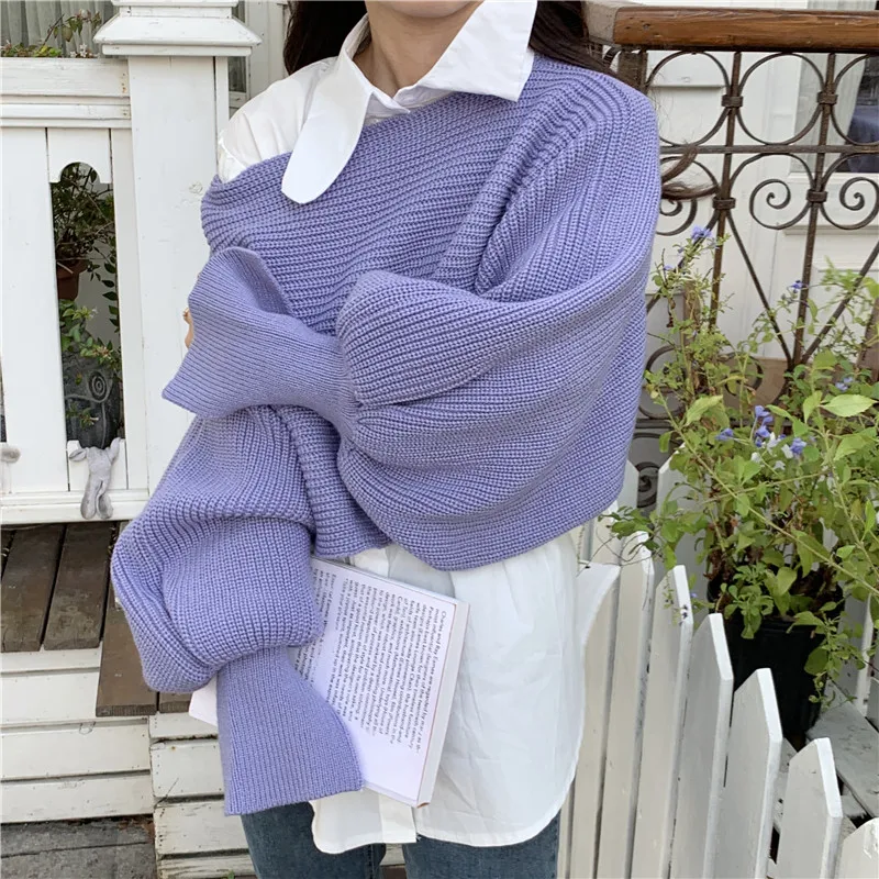 

Fashion Sexy Skew Collar Lantern Sleeve Sweater Pullover Korean Sweet Purple Knitted Sweater Loose Short Woman tops