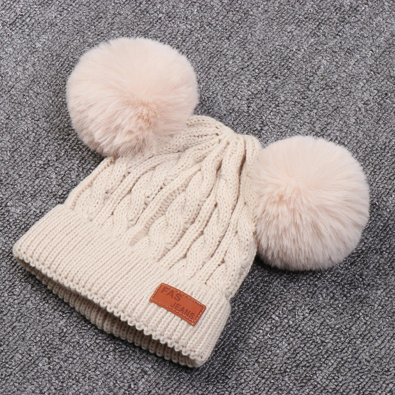 Зимняя детская вязаная шапка с двойным помпоном вязаные шерстяные детские шапки