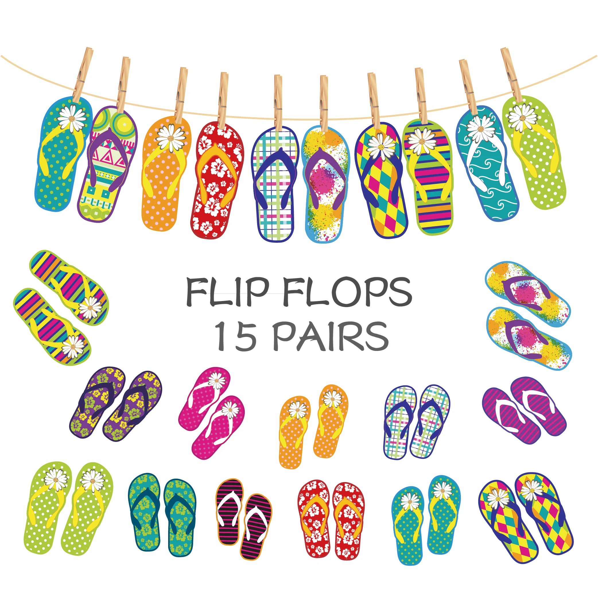 

15PCS Hawaii Luau Party DIY Flip Flops Banners Hanging Bunting Backdrops Summer Hawaii Theme Party Decor With Wooden Clips BA042
