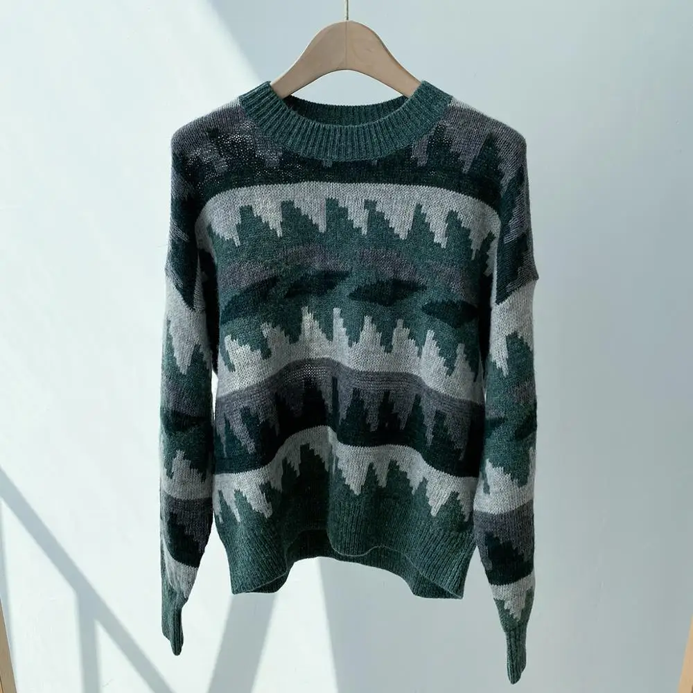 

2020 New Contrast Color Womens Sweater Early Autumn O-Neck Printted Female Knitwear Top Lady Pullover Top