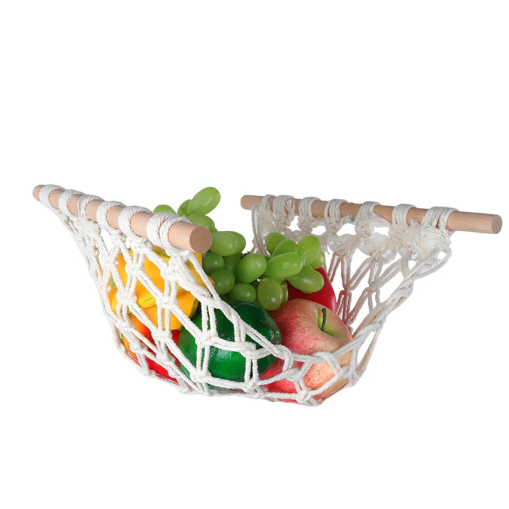 Handmade Fruit and Veggie Hammock with 8 Hooks Under Cabinet for Boho Themed Home Kitchen | Storage Baskets