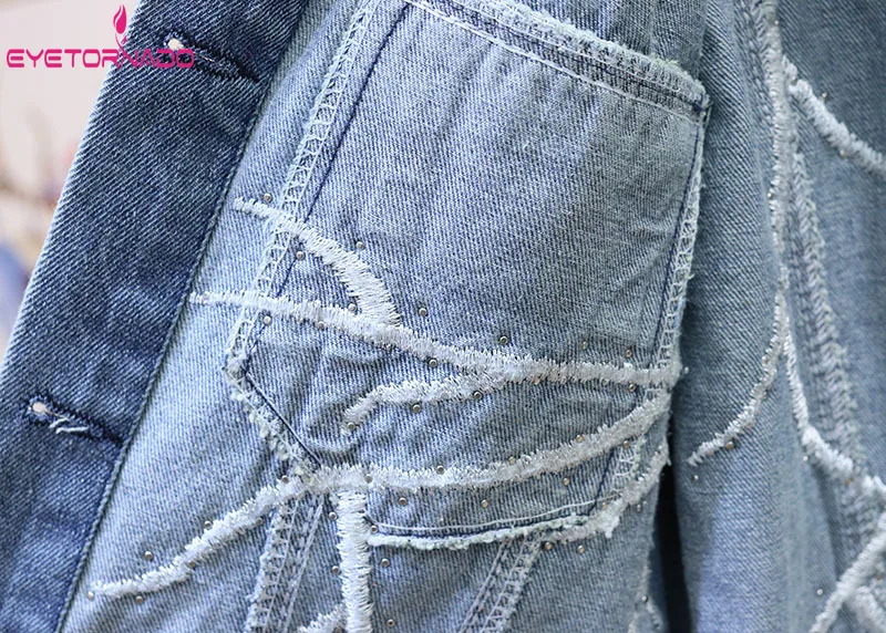 

Boyfriend Embroidery Rivet Denim Jacket Short Casual Oversize Large Size Jeans Jacket Long Sleeve Harajuku Cowboy Denim Coat