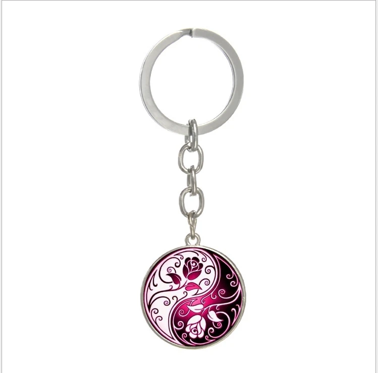

2019 New Fashion Charm Yin and Yang Gossip Rose Glass Keychain