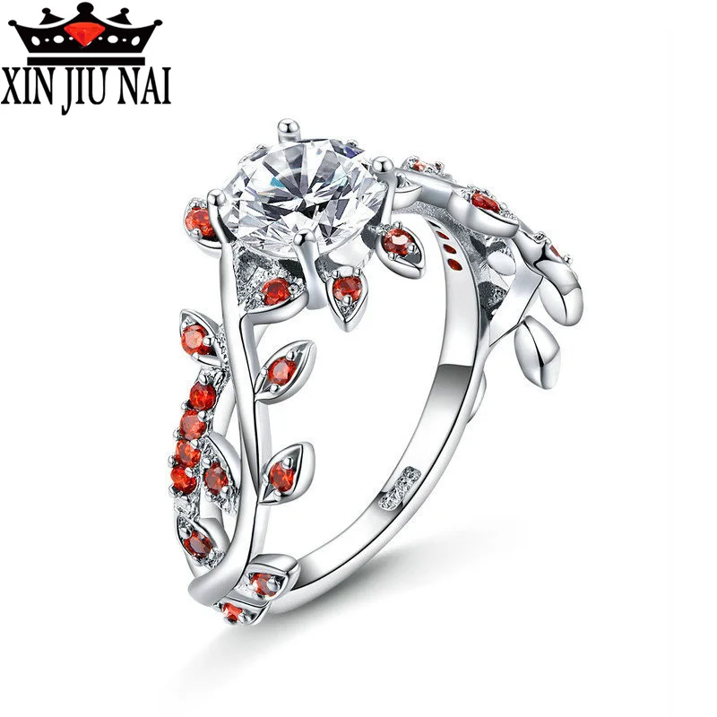 Flower Red Leaf Zircon Engagement ruby Ring for Female Fashion Popular Rhinestone Silver Wedding Rings Women Jewelry | Украшения и