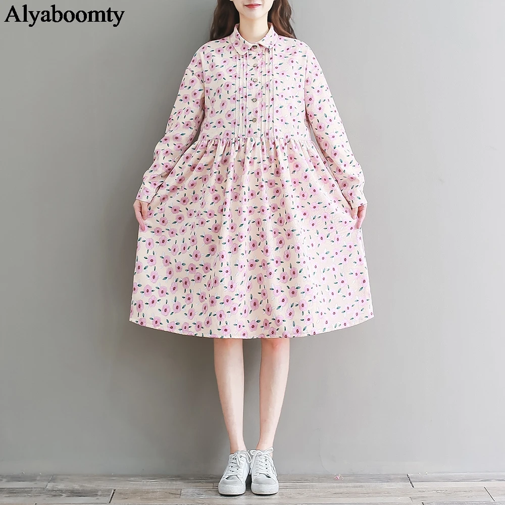

Japanese Mori Girl Autumn Spring Women Floral Dress Turn-Down Collar Pink Flowers Elegant Dress Cute Kawaii Corduroy Midi Dress
