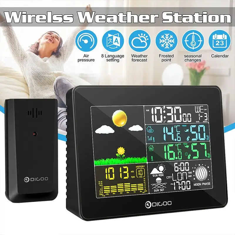 

DIGOO DG-TH8868 Weather Station LCD Indoor Outdoor Thermometer Humidity Snooze Alarm Clock Sunrise Sunset Calendar Forecast