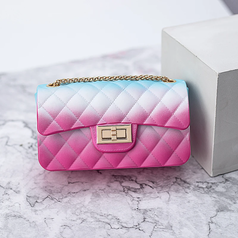 New Jelly Small Square Bag Clutch Purse Women's Bag Messenger Bag Gradient Rainbow Rhombic Chain Shoulder Crossbody Bag