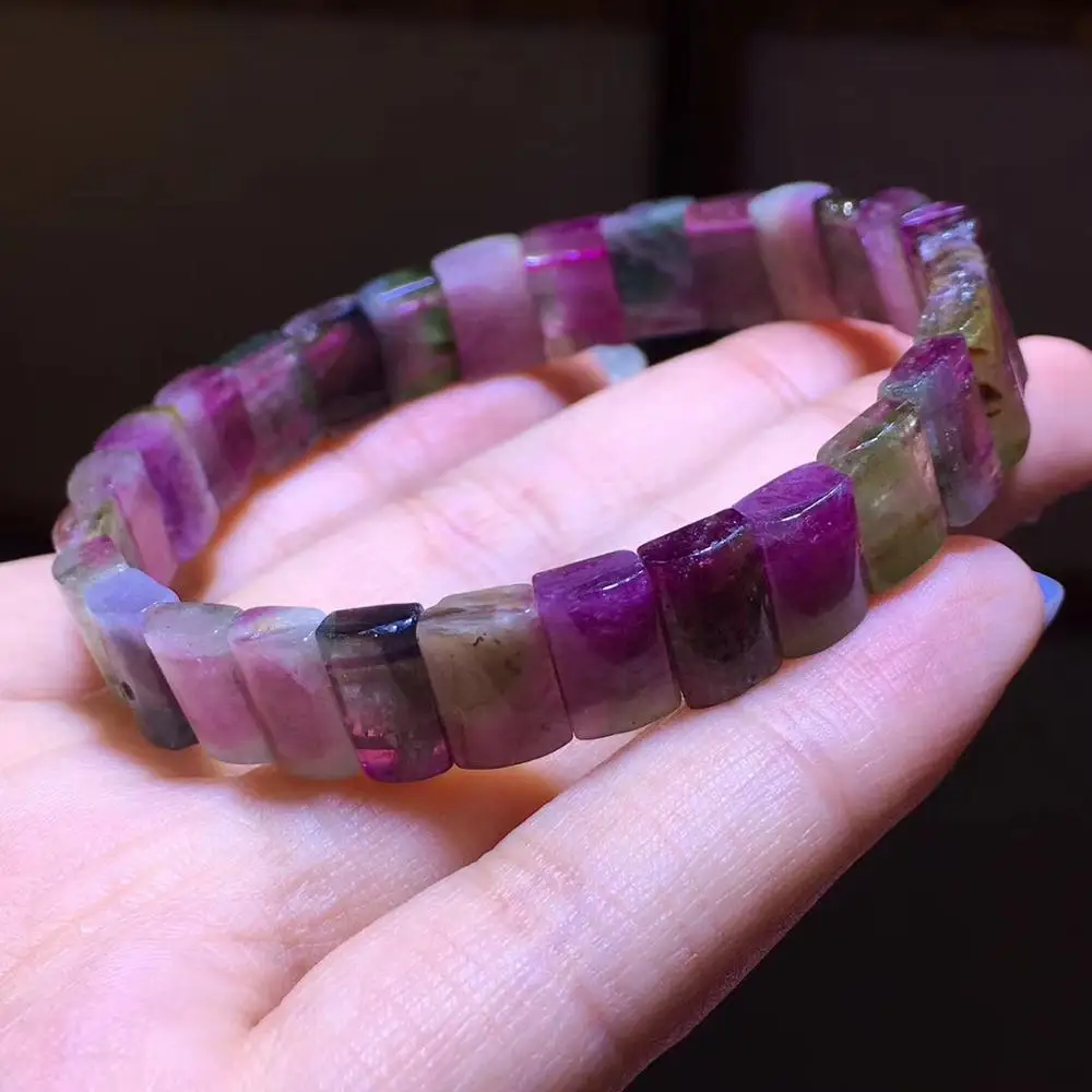 

10mm Top Natural Rainbow Tourmaline Quartz Bangle Bracelet For Woman Man Crystal Brazil Rectangle Beads Gemstone Jewelry AAAAA