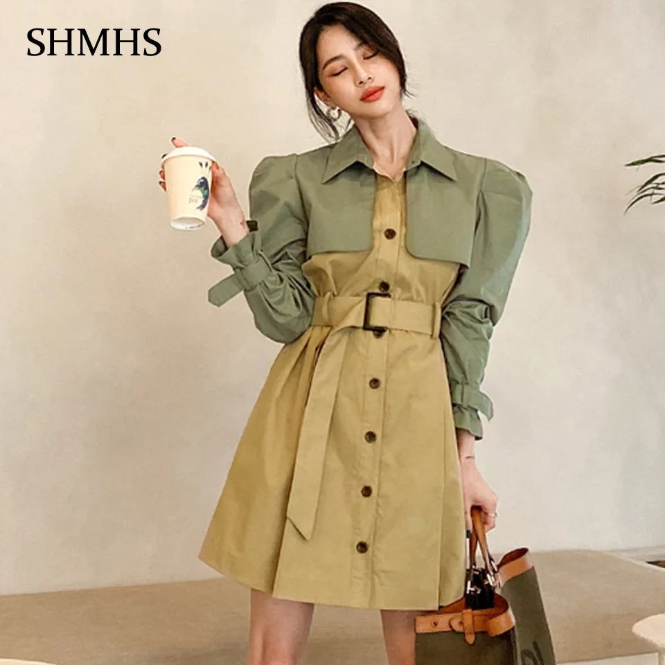 

Autumn Winter Women Above Knee OL Fashion High Street Turn-Down Collar Wrist Puff Sleeve Single Breasted With Belt Women's Dress