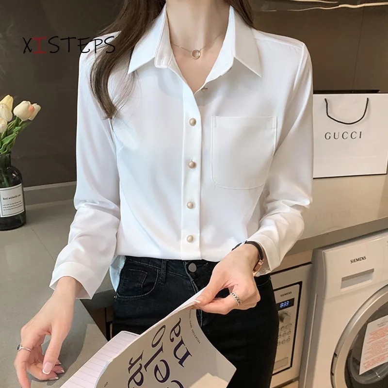 White Satin Blouses For Women 2021 Spring Ladies Office Work Wear Shirts Button Up OL Style Tops Femme Blusas Chiffon Clothes