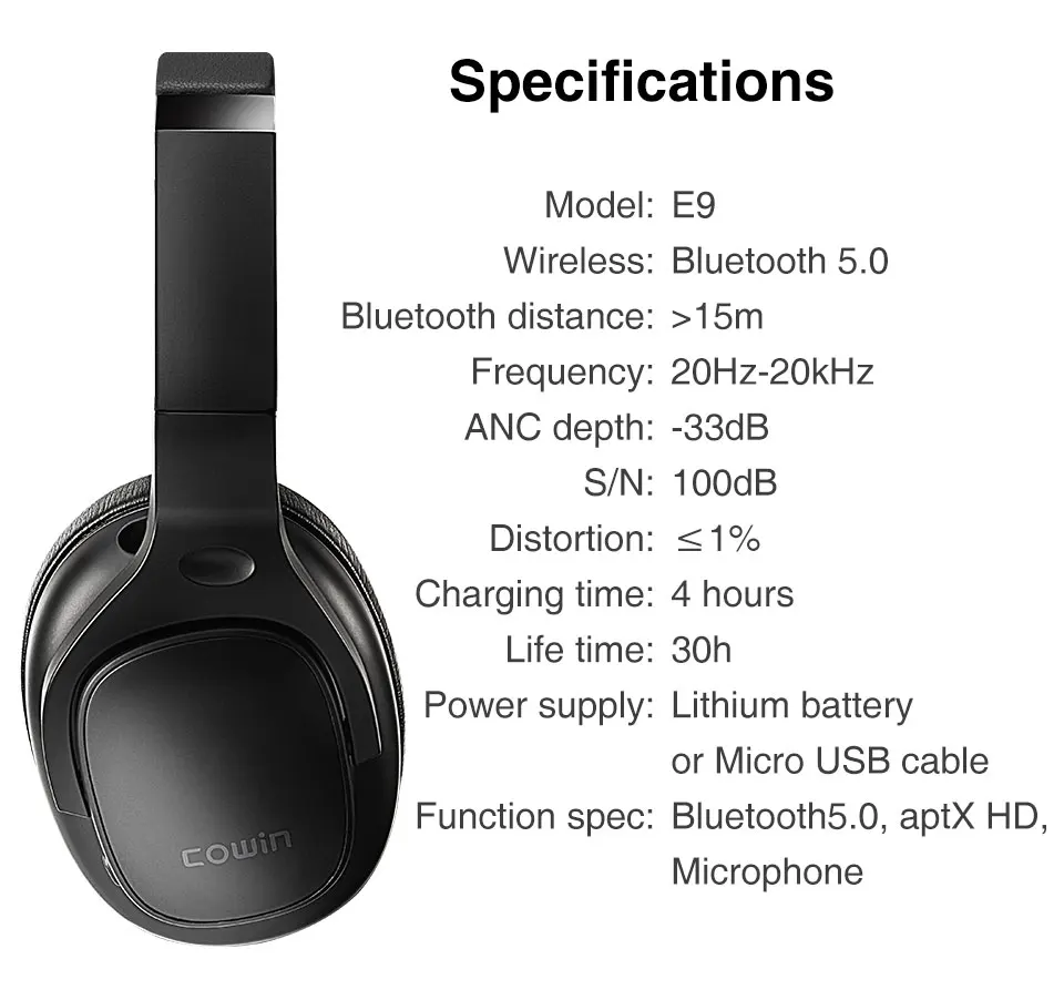 COWIN E9, активные наушники с шумоподавлением, bluetooth-наушники, беспроводная гарнитура с микрофоном, Aptx HD sound