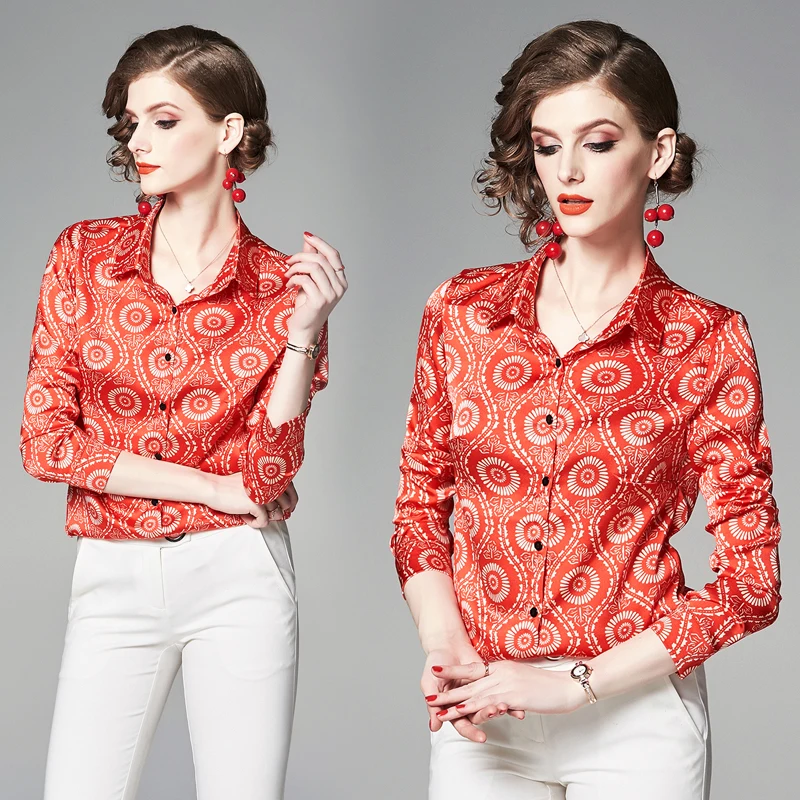 

Chiffon Women's Blouse Print Casual Plus Size Polo Shirt New Loose Long Sleeve Top Fashion Button Clothing Houthion