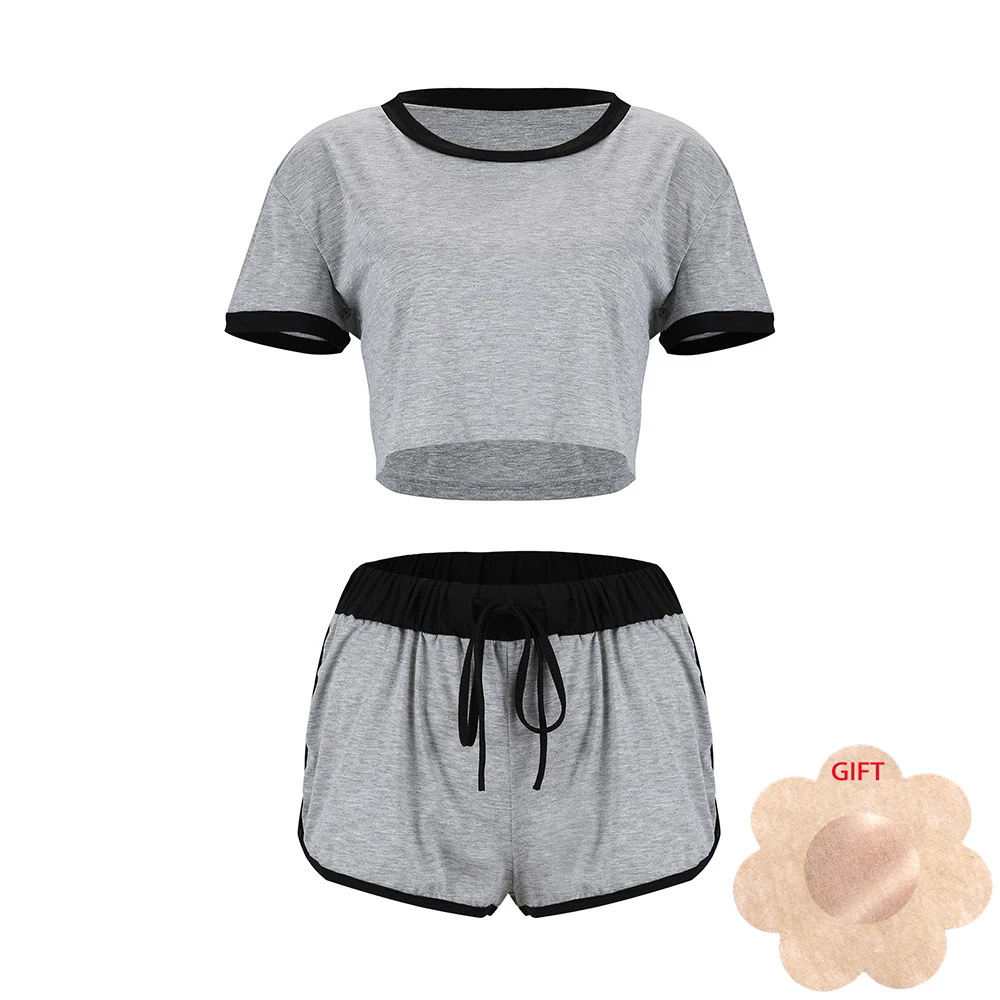 

Women Pijamas Cotton Pajama Femme Nightwear Set Solid Splice Loose Short Sleeve Cropped Tops+Shorts Sleepwear Ladies Pajamas