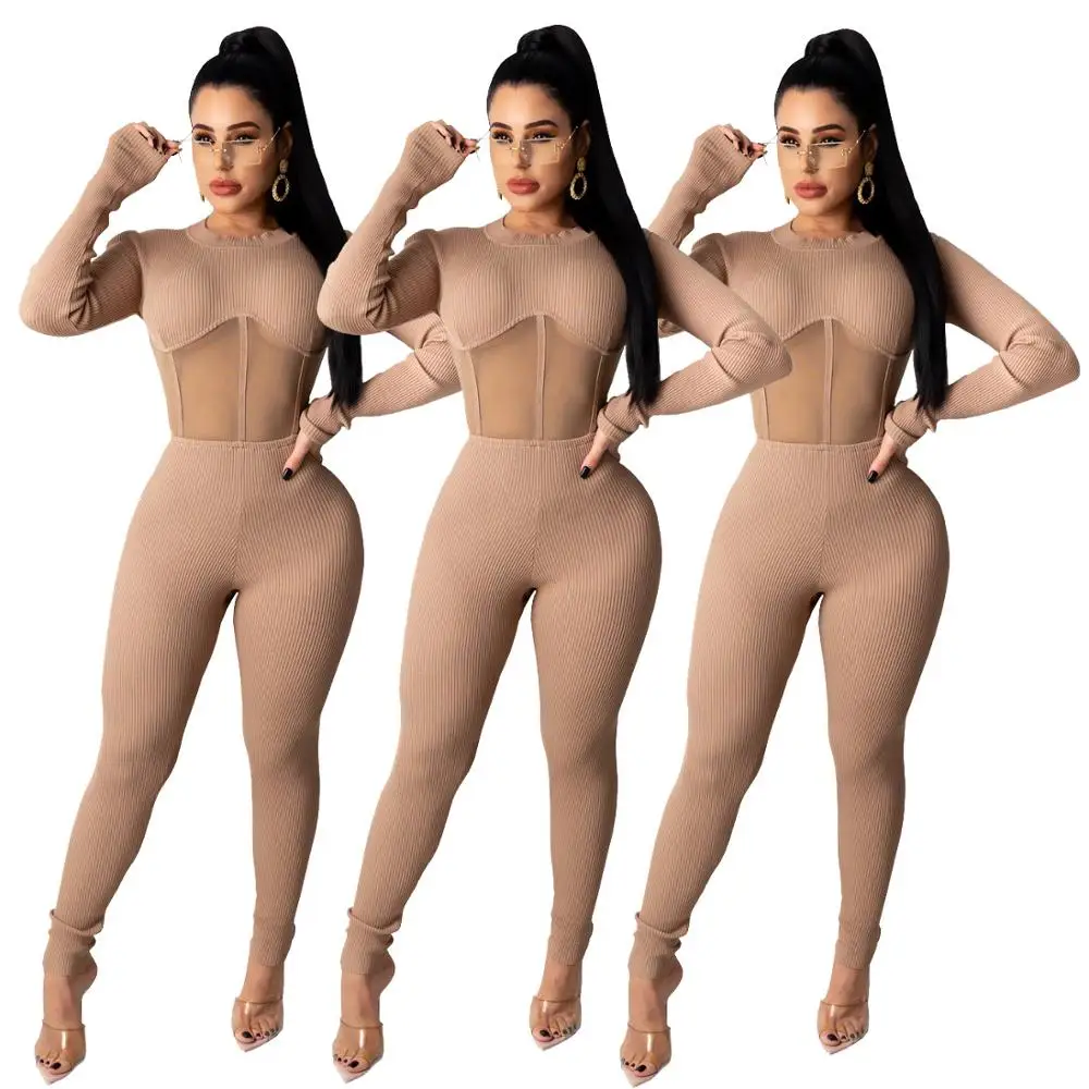 

Autumn And Winter New Fashion Women's Wear Round Neck Mesh Splice Threaded Long Sleeve Jumpsuit Sexy Club Outfit