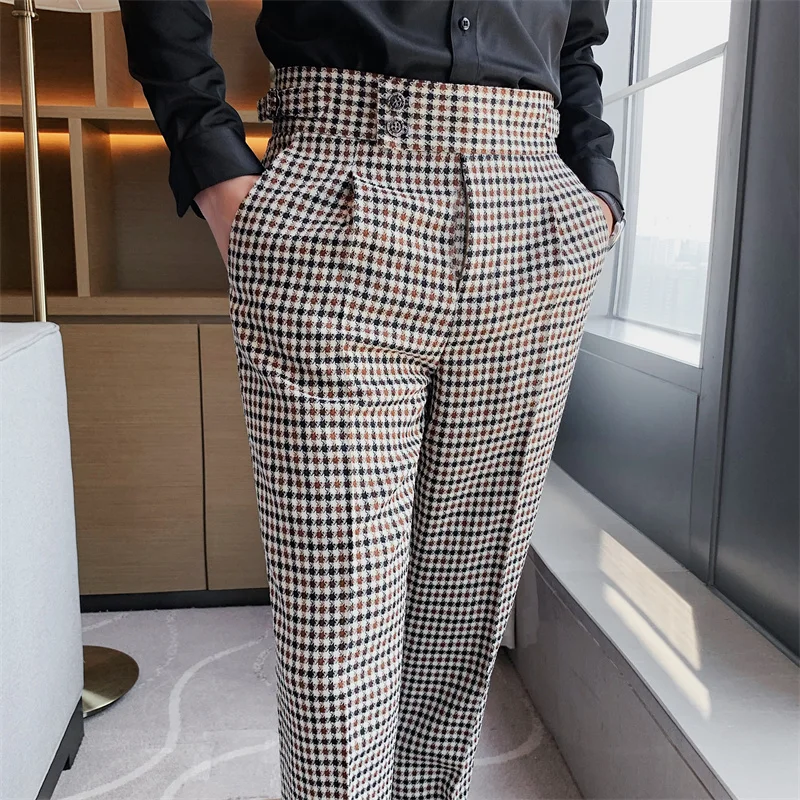 Pantalones de estilo británico de Houndstooth para hombre, ropa ajustada, informal, recta, para oficina, Formal, Otoño e Invierno