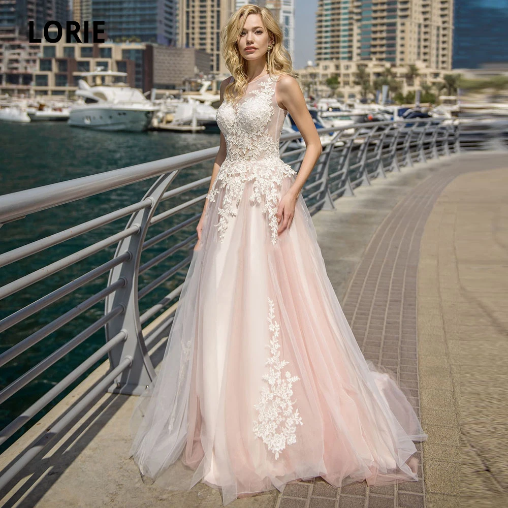 

LORIE Elegant Lace Wedding Dresses A-line Light Pink Beach Bridal Gown O-Neck Sleeveless Boho Marriage Plus Size Sweep Train New
