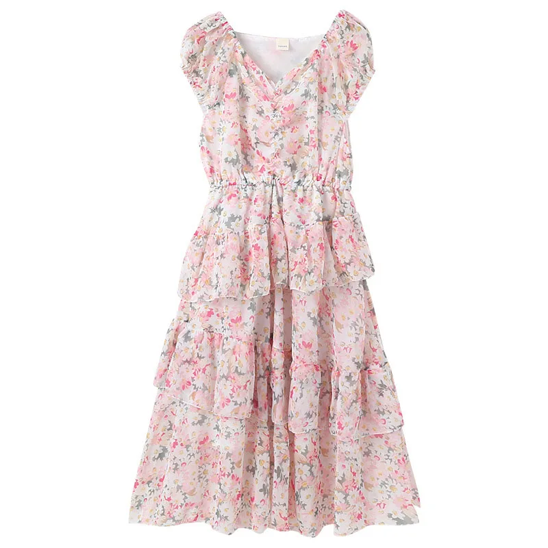 

3 To 13 Years Teenage Girls Floral Maxi Dress Summer Print Short Sleeve Chiffon Dresses V Neck Long Dress Kids Children Clothing