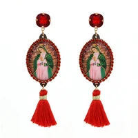 aretes women%e2%80%98s crystal stone earrings bohemian oval pendants tassel earrings for women catholic virgin mary jewelry gift bijoux