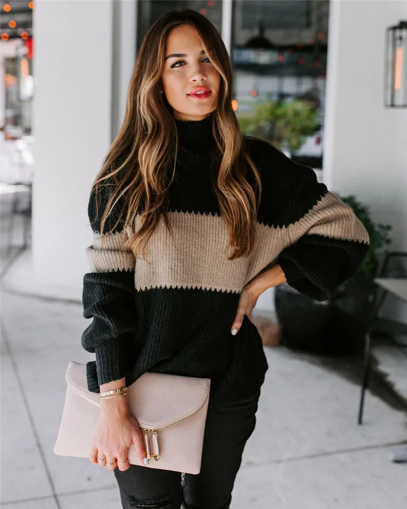 Fitshinling Patchwork Winter Women's Turtleneck Sweaters Pullovers Knitwear Lantern Sleeve Slim Jumper Holiday Casual Pull Femme | Женская