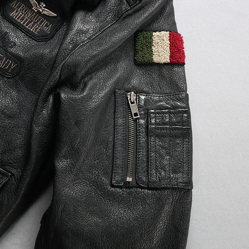 2022 flight jacket men's fur collar real leather with chief embroidery stylish winter bomber lether coat men | Мужская одежда