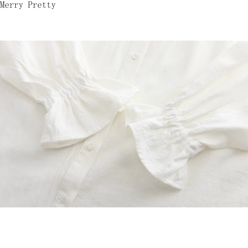 

Women Cotton Blouses Flare Sleeve Mandarin Collar Single-breasted Solid Blouse 2020 Spring Femme Casual Loose Top And Blouses