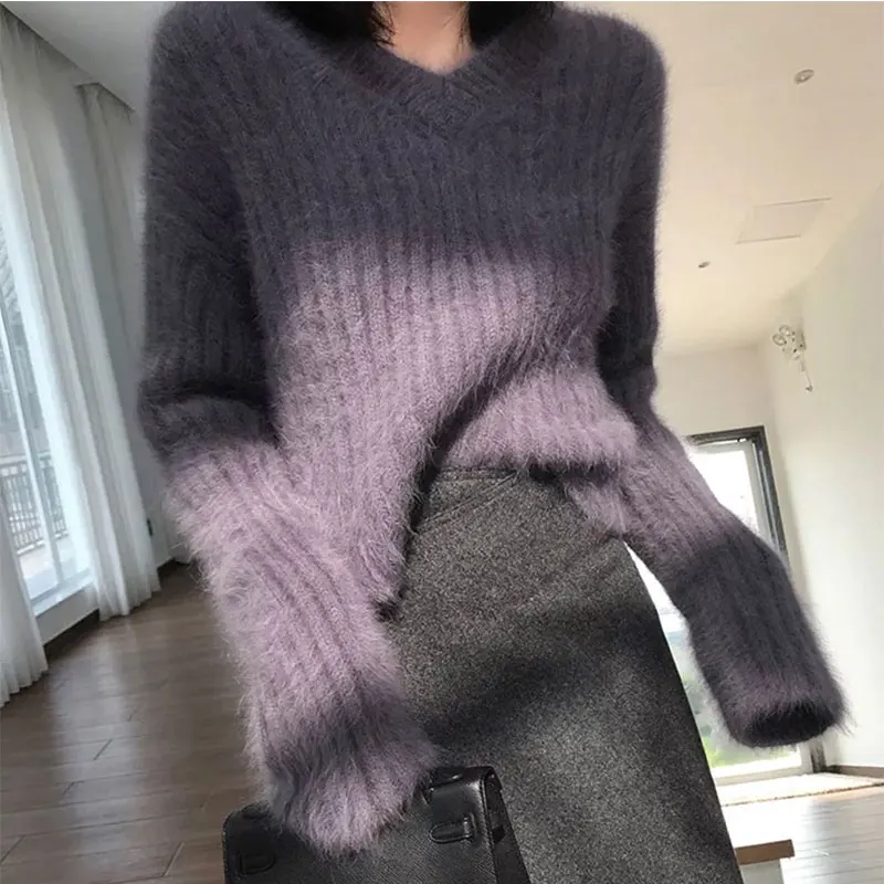 

Mohair Knitted Sweater Jumper Women Lazy Style V Neck Autumn Winter Female Soft Thick Knitted Sweater Warm Loose Soft Pullovers