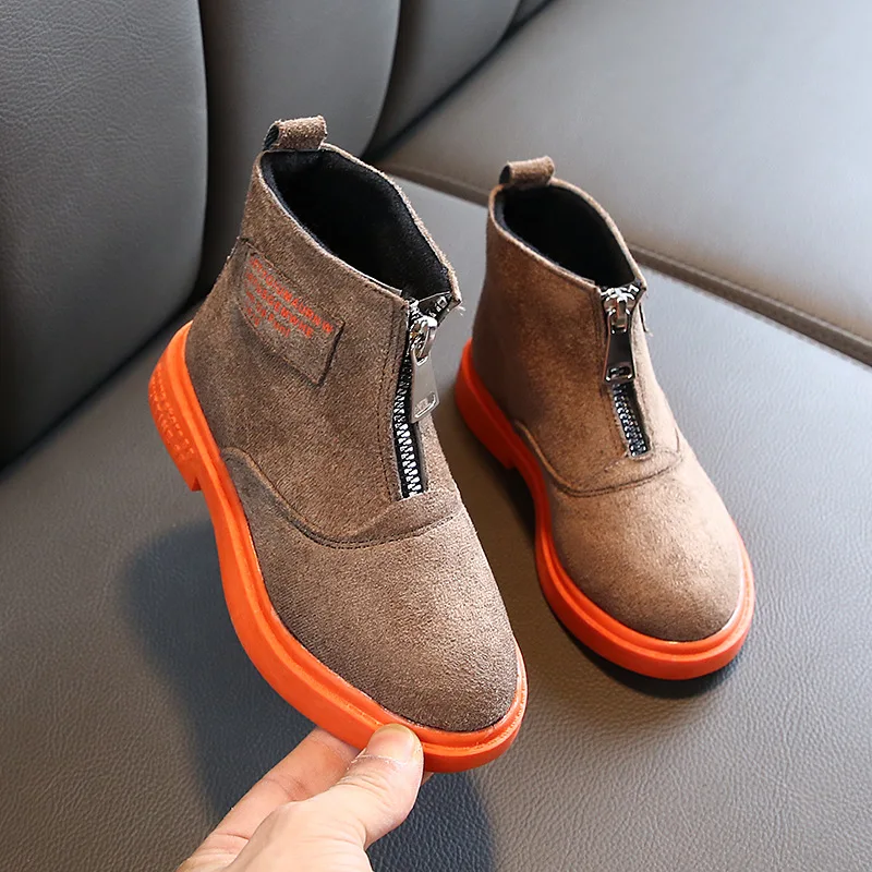 Детские замшевые ботинки на молнии ботильоны цвета хаки с заплатками для девочек