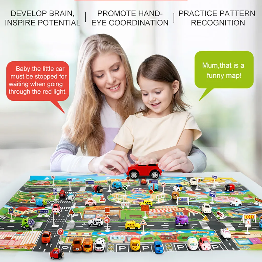 

Baby Play Mat Set 130x100cm City Road Buildings Parking Map Game Scene Map With Traffic Sign kid toy Educational Toys child Gift