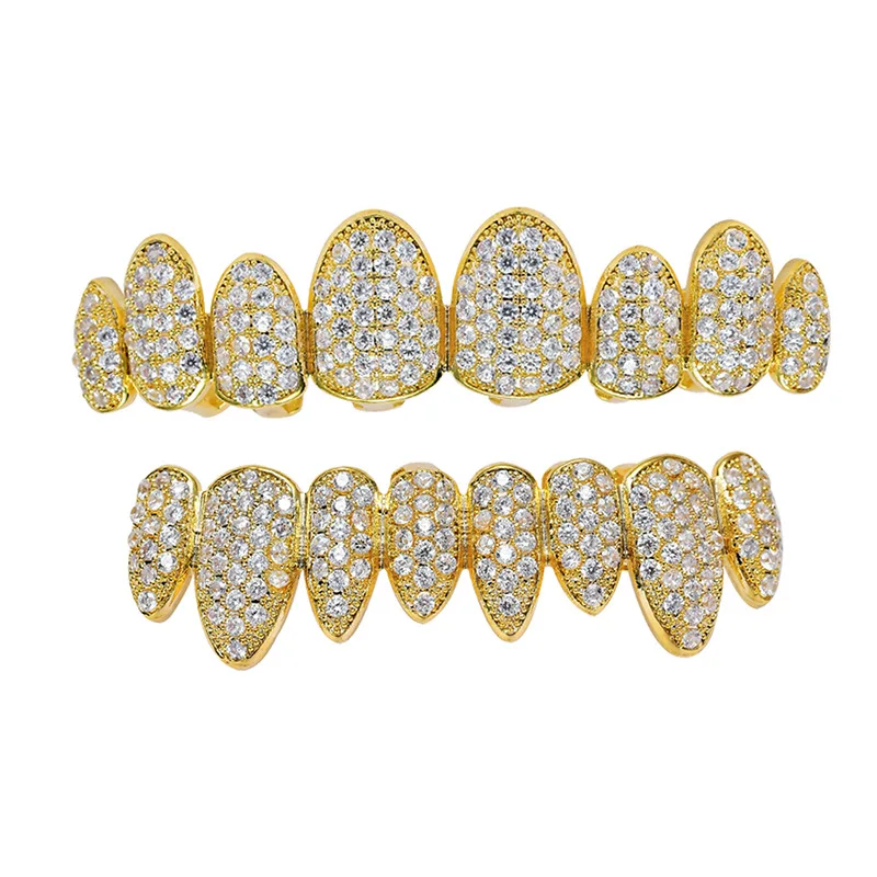 

Gold Silver Color Iced Out Hip Hop Teeth Grillz Micro Pave Cubic Zircon Top & Bottom Teeth Grills Set Grillz Dental Grills Gifts