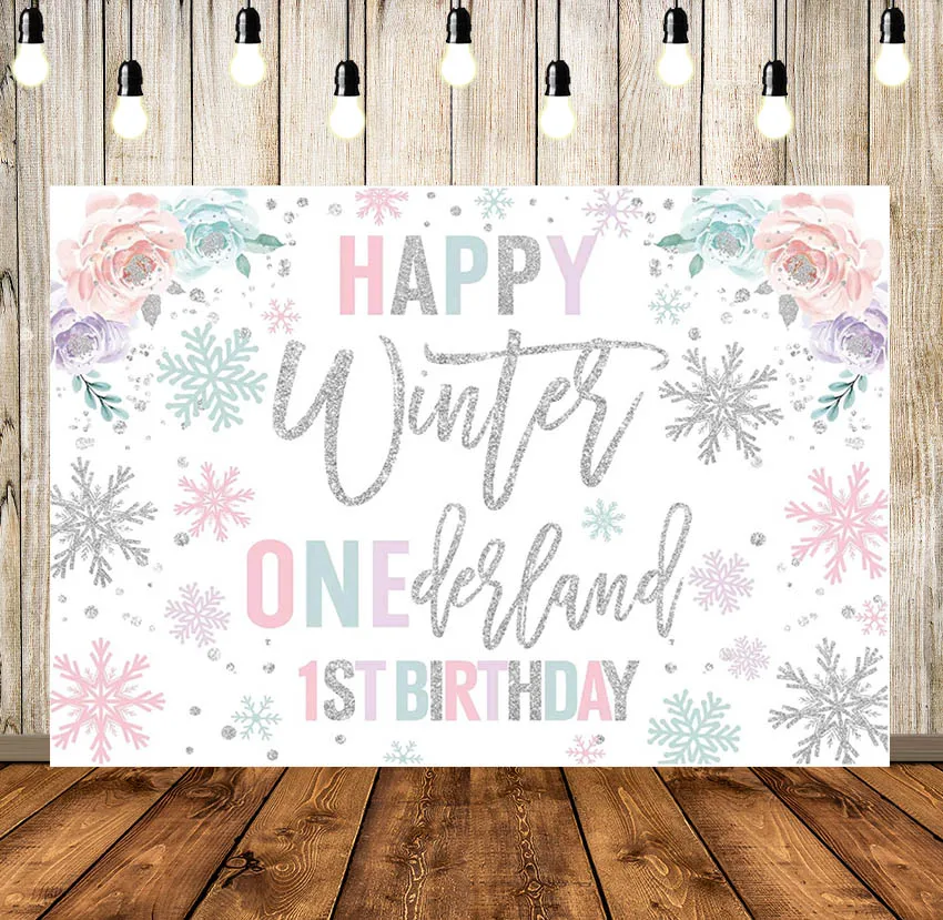 

Winter Onederland Backdrop Newborn Baby Girl's 1st First Christmas Holiday Birthday Party Candy White Snowflakes Banner
