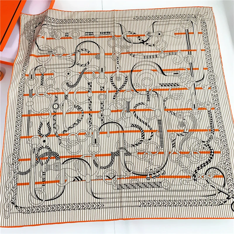 

90cm Manual Hand Rolled Twill Silk Scarf Women Chain Print Square Scarves Wraps Echarpes Silk Foulards Femme Bandana Head Hijabs
