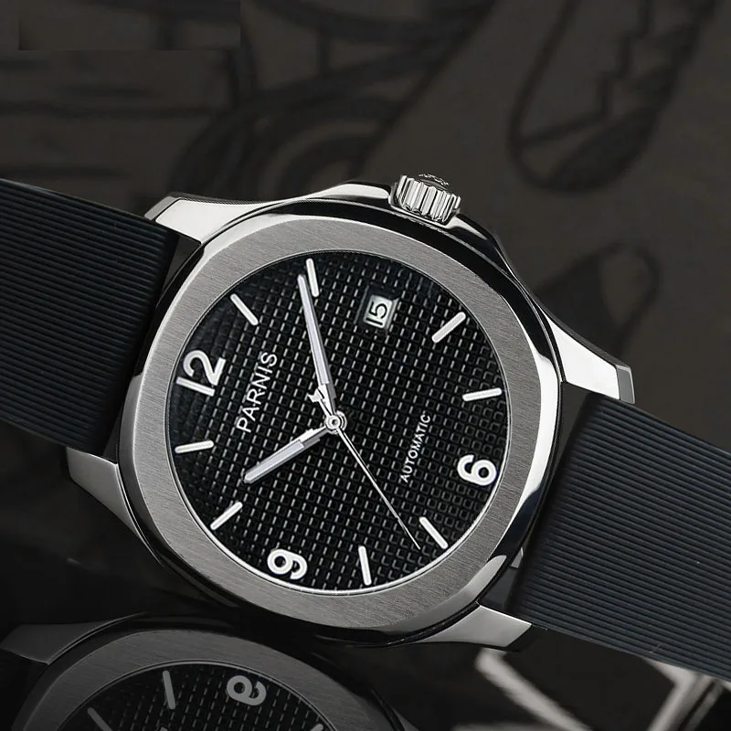 

Parnis 38.5mm Silver Case Automatic Mechanical Men Watch Rubber Strap Calendar Sapphire Glass Miyota 821A Wristwatches Man Gift