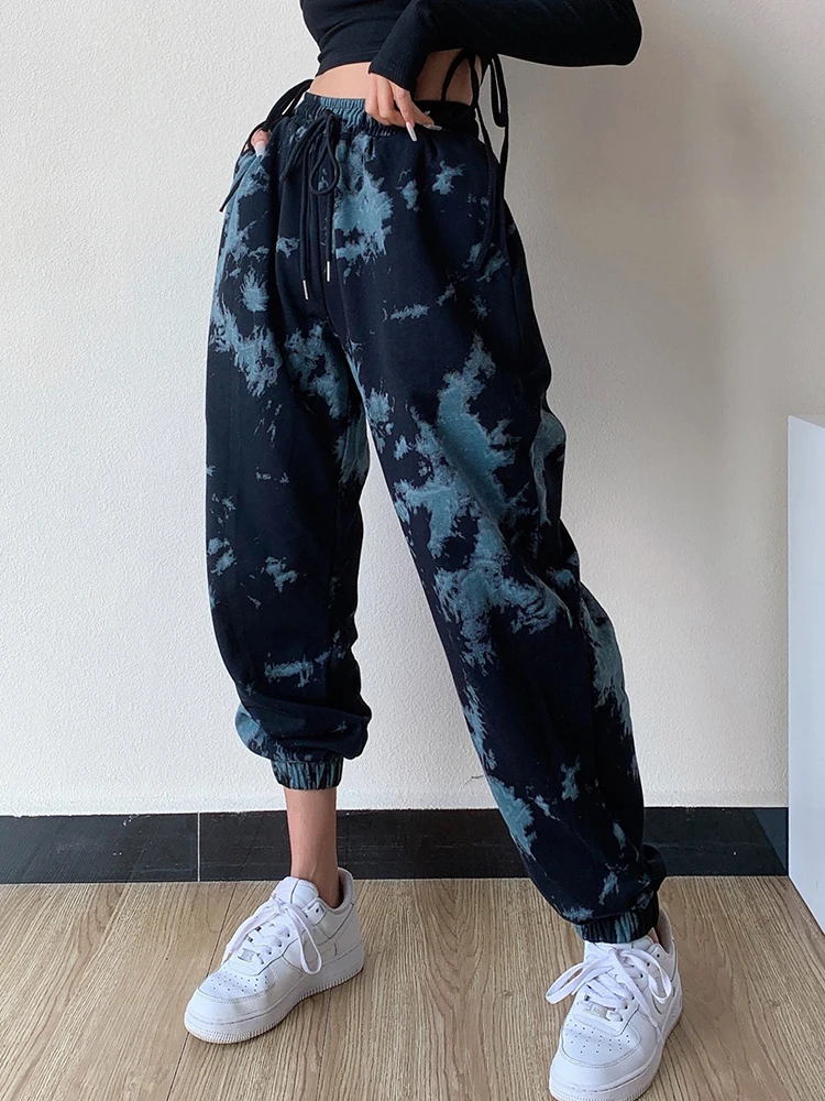 

WOMENGAGA American Street Tie Dye Sports Pants Women's Drawstring Elastic High Waist Straight Casual Trousers SIKG