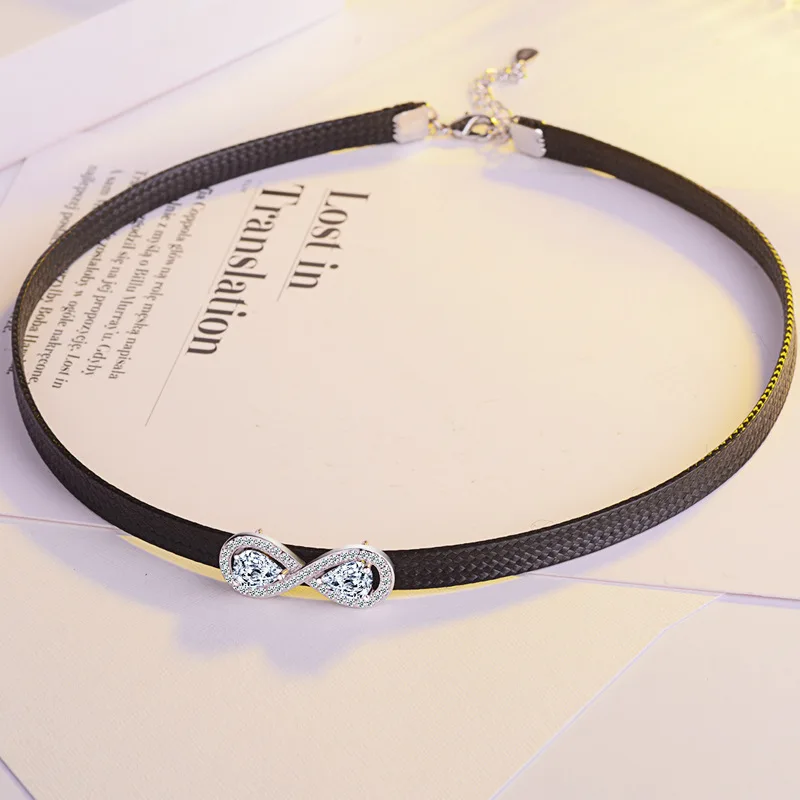 

100% 925 Sterling Silver Luxury Shine Cubic Zirconia Bowknot Ladies Choker Necklace Wholesale Jewelry Female Short Rope Chains