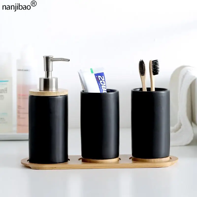 

Bathroom Accessories Set Tumblers Ceramic Bamboo Toothbrush Holder Cup Bathroom Emulsion Container Dishwashing Liquid Container