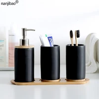 bathroom accessories set tumblers ceramic bamboo toothbrush holder cup bathroom emulsion container dishwashing liquid container