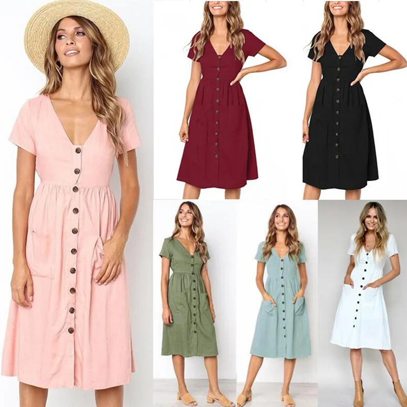 

New Elegant Pocket Button V-Neck Short Sleeve Women Fashion Sexy Dress Summer Dress Female Vestido Verano Office Lady