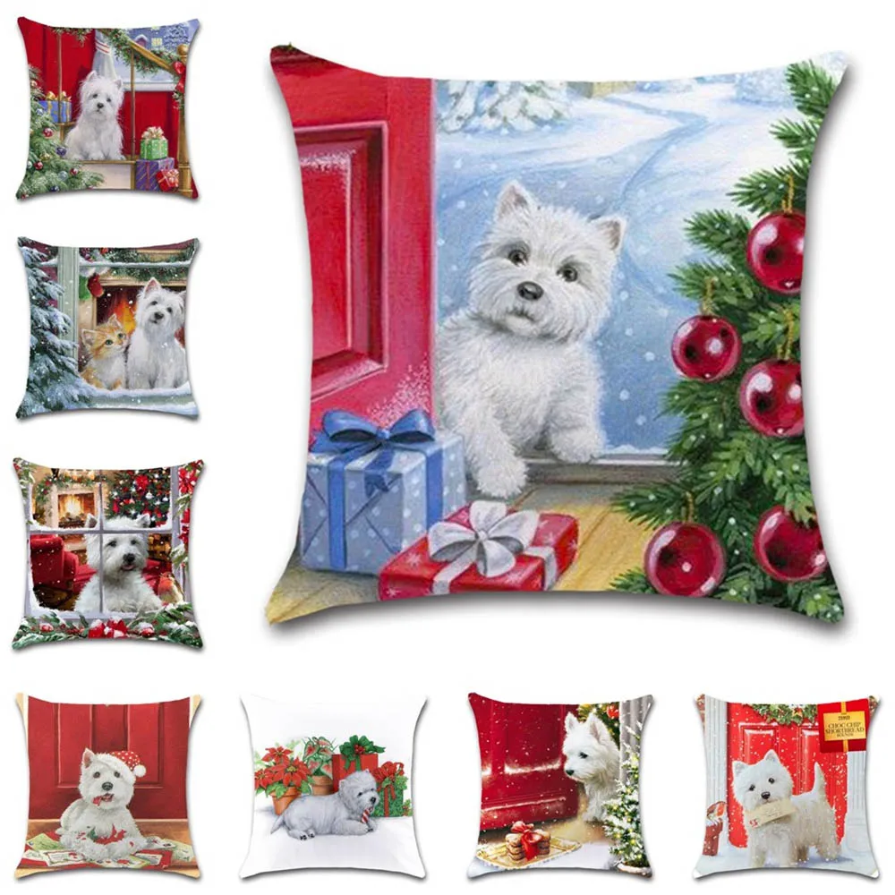 

Рождественская наволочка с принтом собаки, белая наволочка для подушки, декоративный домашний диван, стул, автомобильное сиденье, наволочк...